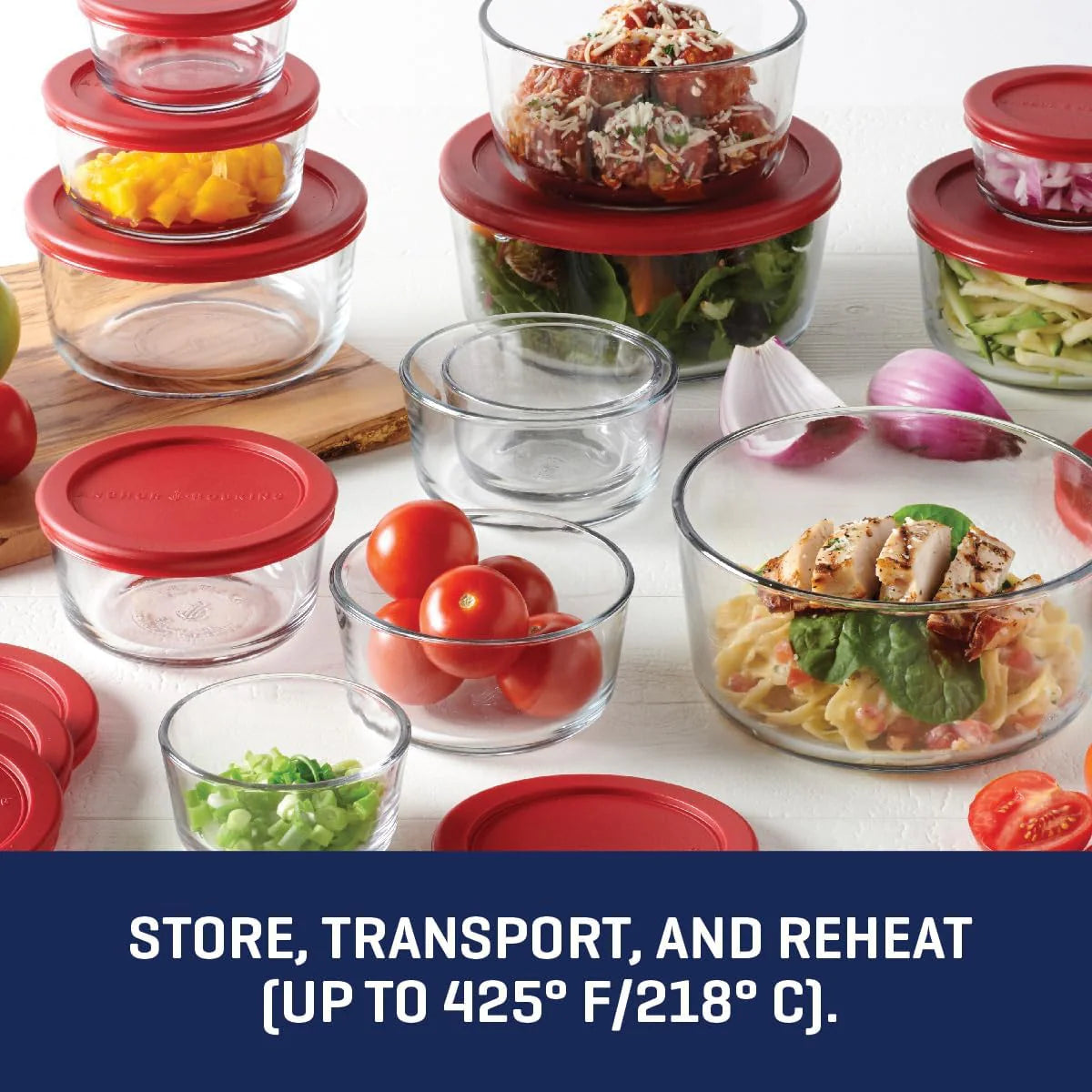 Corelle Modern Dinnerware Anchor Hocking 26 Piece Glass Storage Containers with Lids (13 Glass Food Storage Containers & 13 Red SnugFit Lids) - Image 4