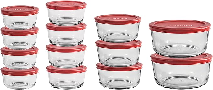 Corelle Modern Dinnerware Anchor Hocking 26 Piece Glass Storage Containers with Lids (13 Glass Food Storage Containers & 13 Red SnugFit Lids)